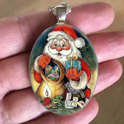 #ad Christmas Santa Claus With Gift Bag Oval Pendant Necklace $16.20
