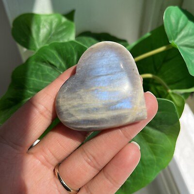 #ad Pretty Sunstone Moonstone Heart With Blue Flash Gorgeous Crystal 70g 5.3cm GBP 26.02