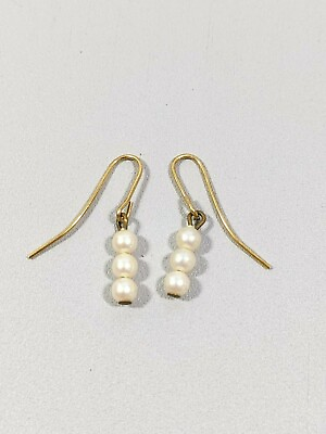#ad Gold Tone Ivory Color Faux Pearl Acrylic Bead Dangle Hook Earrings Dainty $8.74