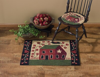 #ad Red Saltbox House Primitive Country Farmhouse Cotton Hooked Accent Rug 2#x27;x3#x27; $89.00