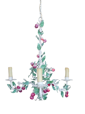 #ad Charming Florentine Chandelier Ceiling Painted Metal Tole 70#x27;s Cherry Foliage $390.00