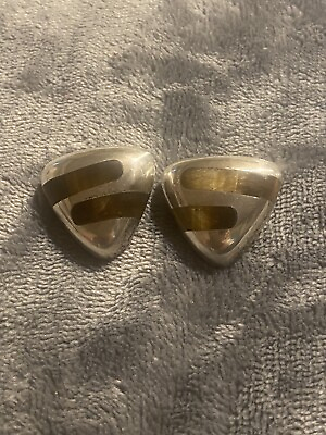#ad Vintage Taxco Sterling Silver Tigers Eye inlay Earrings Triangle 1.25” TH 86 556 $21.00