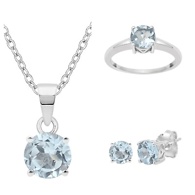 #ad Solitaire Round Blue Topaz 925 Sterling Silver Women Ring Earrings Necklace Set $32.90