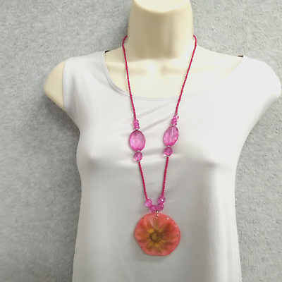 #ad Womens Pendant Necklace Pink Floral 30 in Long Beads Chunky Boho Holiday Gift $12.99