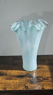 #ad Murano Italian Hand Blown Glass Vase Beautiful Luxury 10quot; Blueamp; White $29.50