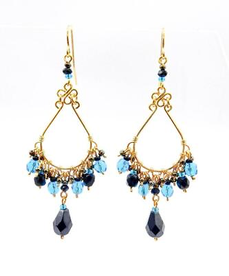 ARTISANAL Lightweight Teal Blue Black Onyx Crystals Gold Chandelier Earrings $19.99