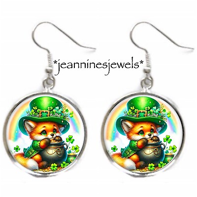 #ad Fox Earrings Rainbow Leprechaun Silver Charm Dangle Irish St Patricks Day Gift $17.37
