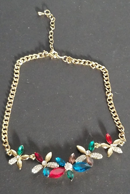 #ad Ladies Choker Necklace Multicolor Stones Collar Gold Tone Chain Costume 1232 $19.95