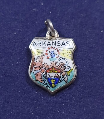 #ad Arkansas US State Enamel Shield Travel Bracelet Charm Sterling Silver Vintage $26.99