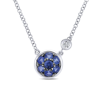 #ad Sterling Silver Blue Sapphire Cluster amp; Diamond Pendant Necklace $289.99