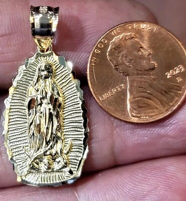 #ad GoLD virgin Mary LADY Guadalupe 14k pendant yellow solid necklace OVAL 1.35quot; $239.00