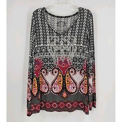#ad V Cristina Womens Colorful Tunic Scoop Neck Design Beaded Long Sleeve Top Sz L $26.85