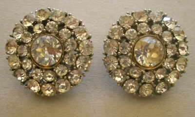 #ad VINTAGE ROUND WEISS RHINESTONE CLIP EARRINGS SIGNED $17.99