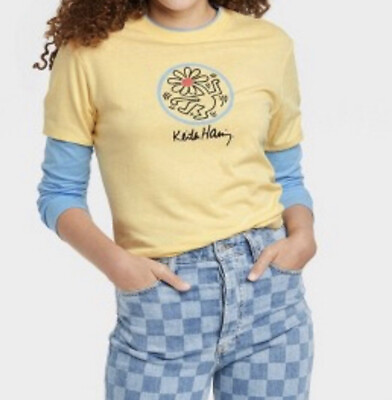 #ad Keith Haring Womens Flower Tee Long Sleeve Skater Shirt Size Small Yellow Blue $11.39