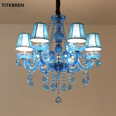 #ad Blue Crystal Chandelier Fabric Lampshade European style Candle Pendant Lamp Home $302.68