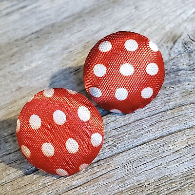 #ad Polka Dot Red White Pretty Woman Round Silk Blend Fabric Button Earrings $9.95