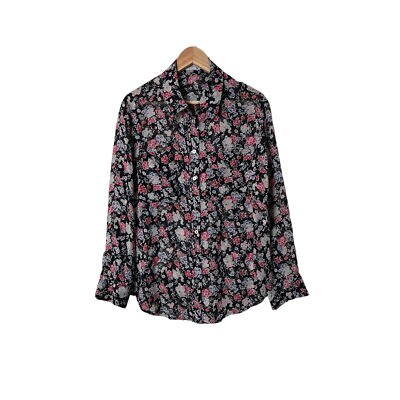 #ad Equipment Femme Silk Sheer Floral Button Up Blouse Top Shirt Black M $48.00