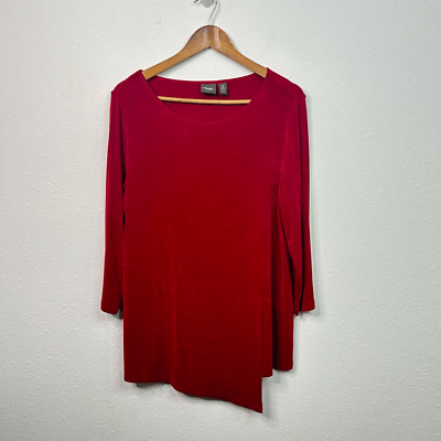 #ad Chico’s Travelers Slinky Knit Solid Red Asymmetrical 3 4 Sleeve Top Size 2 L $24.94