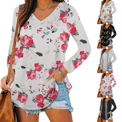 #ad Womens Floral Casual Long Sleeve T Shirt Tee Ladies Loose Tops Blouse Pullover $17.76