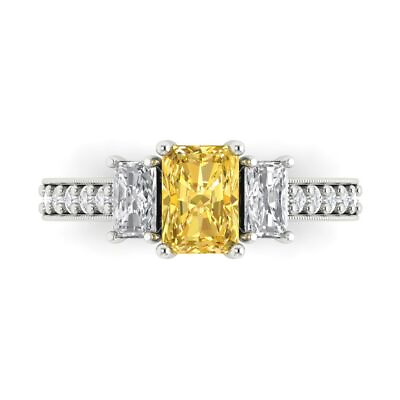 #ad 1.74 Emerald Round 3 stone Yellow Stone Classic Statement Ring 14k White Gold $332.49