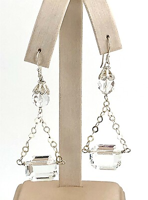 #ad Crystal Bead amp; Block Sterling Silver Dangling Chain Hook Wire Earrings Vintage $33.00