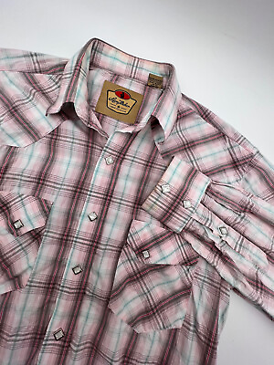 #ad Larry Mahan Cowboy Collection Shirt Pearl Snap Pink Blue Plaid Print Size Medium $20.54