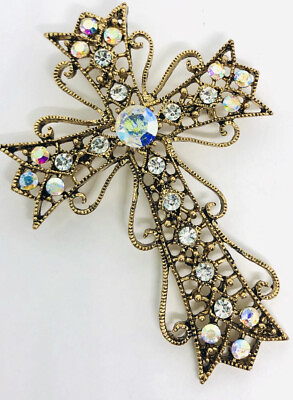 #ad Beautiful Ornate AB Rhinestone Cross Brooch Pendant Filigree Vintage Jewelry $26.50