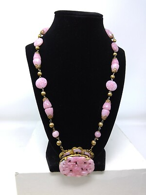 #ad Vintage Bohemian Czechoslovakian Pink Glass Jade Asian Sautoir Necklace $269.99