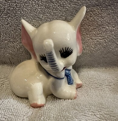 #ad White Elephant Pink Ears Blue Bow Tie Porcelain Figurine Trunk Up 3”x3” Vintage $17.90