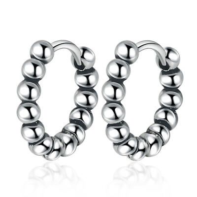#ad 925 Sterling Silver Round Beads Hoop Huggie Earrings Stud Womens Retro Jewelry $5.93
