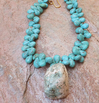 #ad Aimee Fuller Statement Necklace Turquoise Howlite Aqua White Blue Thick Pendant $156.50