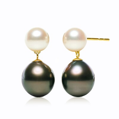 #ad Double White Akoya Pearlamp;Black Tahitian Pearl Drop Earrings 18k Yellow Gold $231.57