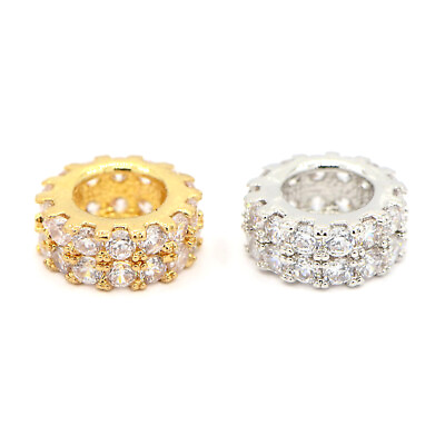 #ad 10pcs Brass Micro Pave Cubic Zirconia Large Hole Beads Flat Round Space 7.5x3mm $10.98