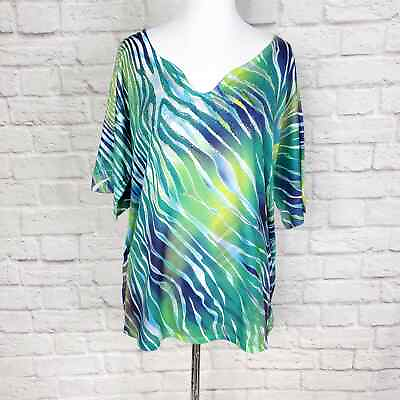 #ad Chico#x27;s Sz 3 Top Green Blue Animal Print Embellished Short Sleeve Chicos XL 16 $50.00