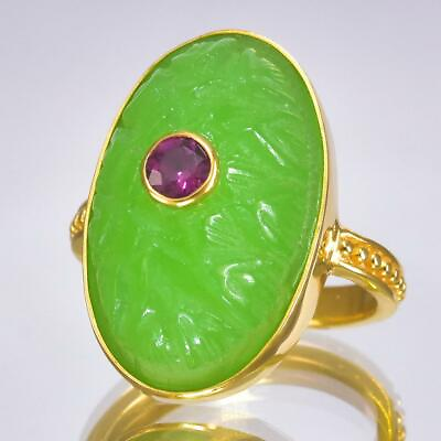 #ad Ring US size 7 Gold Vermeil Sterling Green Chalcedony Rhodolite Lotus 6.85 g $99.00