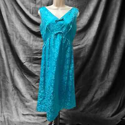 #ad 1960’s Empire Waist Teal Blue Chinese Floral Brocade Sleeveless Dress With Bows $44.99