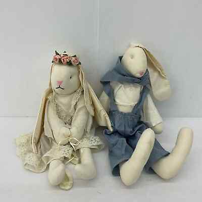 #ad Country Home Decor Easter White Bunny Rabbits Rag Cloth Dolls Plush Stuffed $35.00