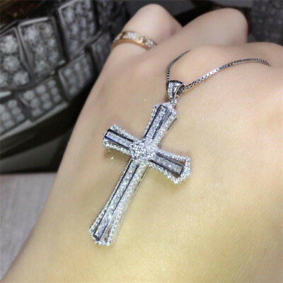 #ad Fashion Jewelry Cross 925 Silver Necklace Pendant Cubic Zircon Party Gift C $3.39