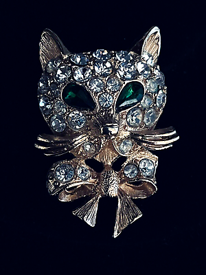 #ad Sophisticated Cat w Green Eyes Bow Tie Brooch Pin Figural Rhinestones Vtg Estate $28.00