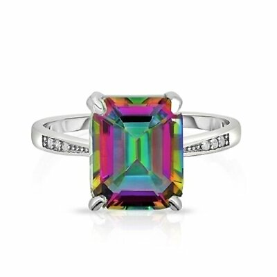 #ad 18K White Gold Plated Created Emerald Mystic Topaz CZ Elements Ring $8.99