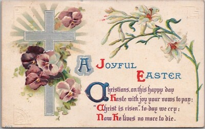 #ad 1912 Embossed Greetings Postcard quot;A JOYFUL EASTERquot; Silver Cross Lily Flowers $5.25