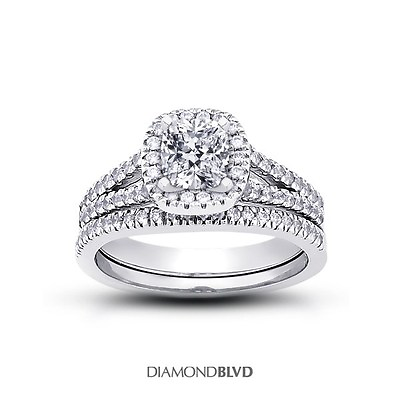 #ad 1.58ct E VS1 Ex Cushion Earth Mined Diamonds 18K Halo Split Band Bridal Set 6.8g $2316.60
