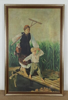 #ad Vintage Ukrainian Oil painting Boy Ukrainian Family Mother Boy Framed $300.00