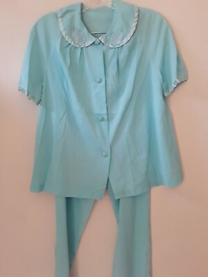 #ad Vtg Aqua Blue Nylon Romantic Pajamas 38quot; Embroidered Collar 2 Pc Set Satin Trim $24.00