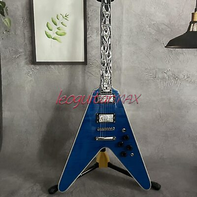 #ad Custom Blue Burst Flying V Electric Guitar Flame Inlay HH Pickup Mahogany Body $259.24