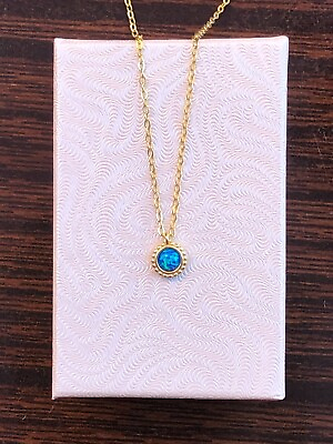 #ad 925 Sterling Silver Gold Blue Opal Necklace Tiny Round Pendant 6mm 4mm 16 18quot; $24.75