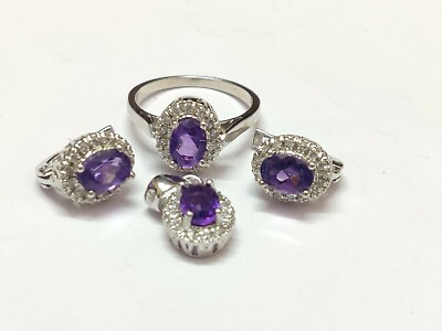 #ad Silver Amethyst Jewelry Set Solitaire Jewelry Set 3.2 Ct Natural Amethyst Set $56.26
