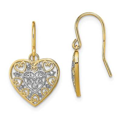 #ad 14k Gold with Rhodium Polished Filigree Hearts Shepherd Hook Earrings 0.83quot; $306.87