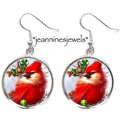 #ad Christmas Holly Cardinal Silver Charm Dangle EARRINGS Bird Lover Watcher Gift $21.99