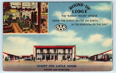 #ad DEMING. NM New Mexico ROUND UP LODGE Luna County 1949 Roadside Linen Postcard $5.93